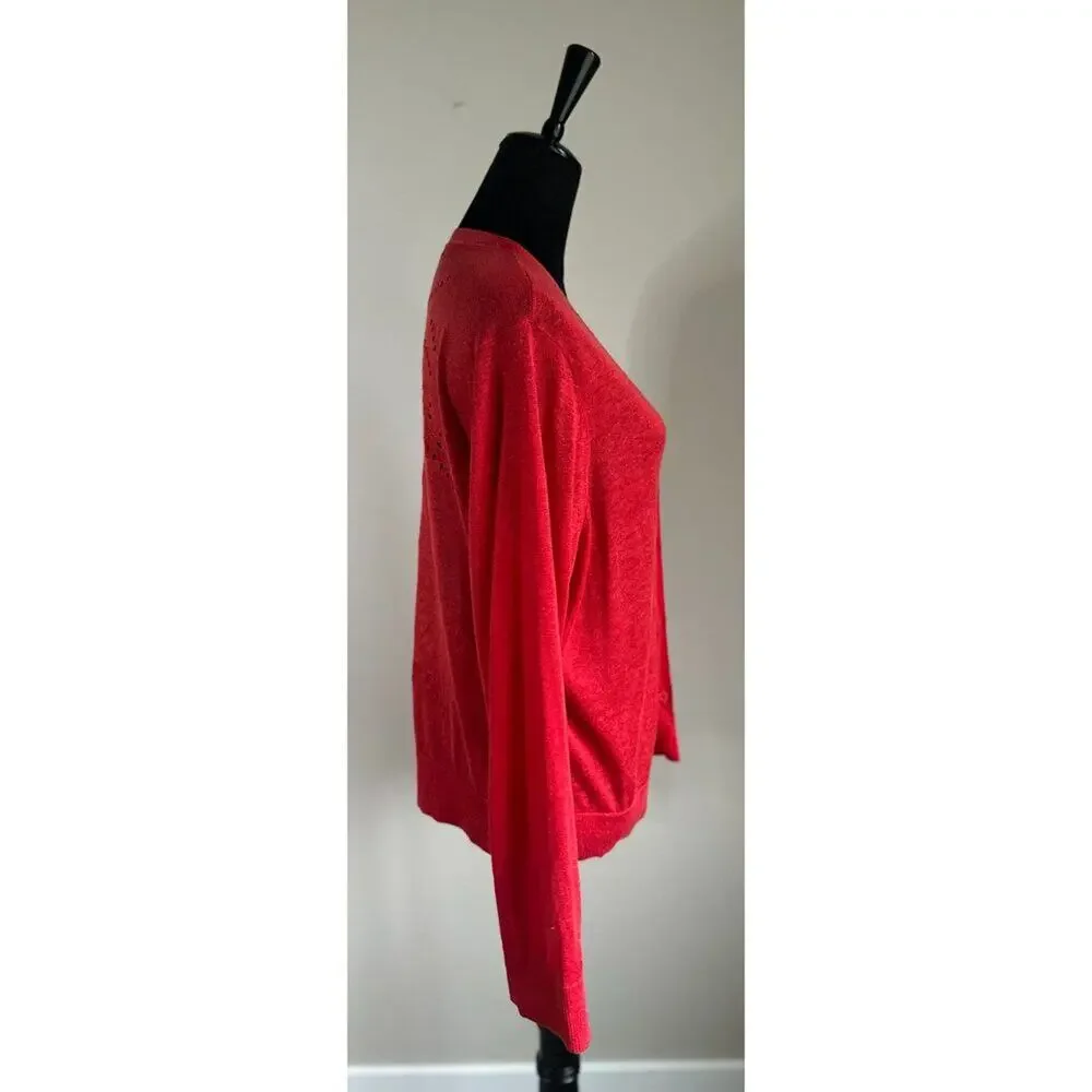 RALPH LAUREN Red Eyelet Back Long Sleeve Linen Cardigan Size XL